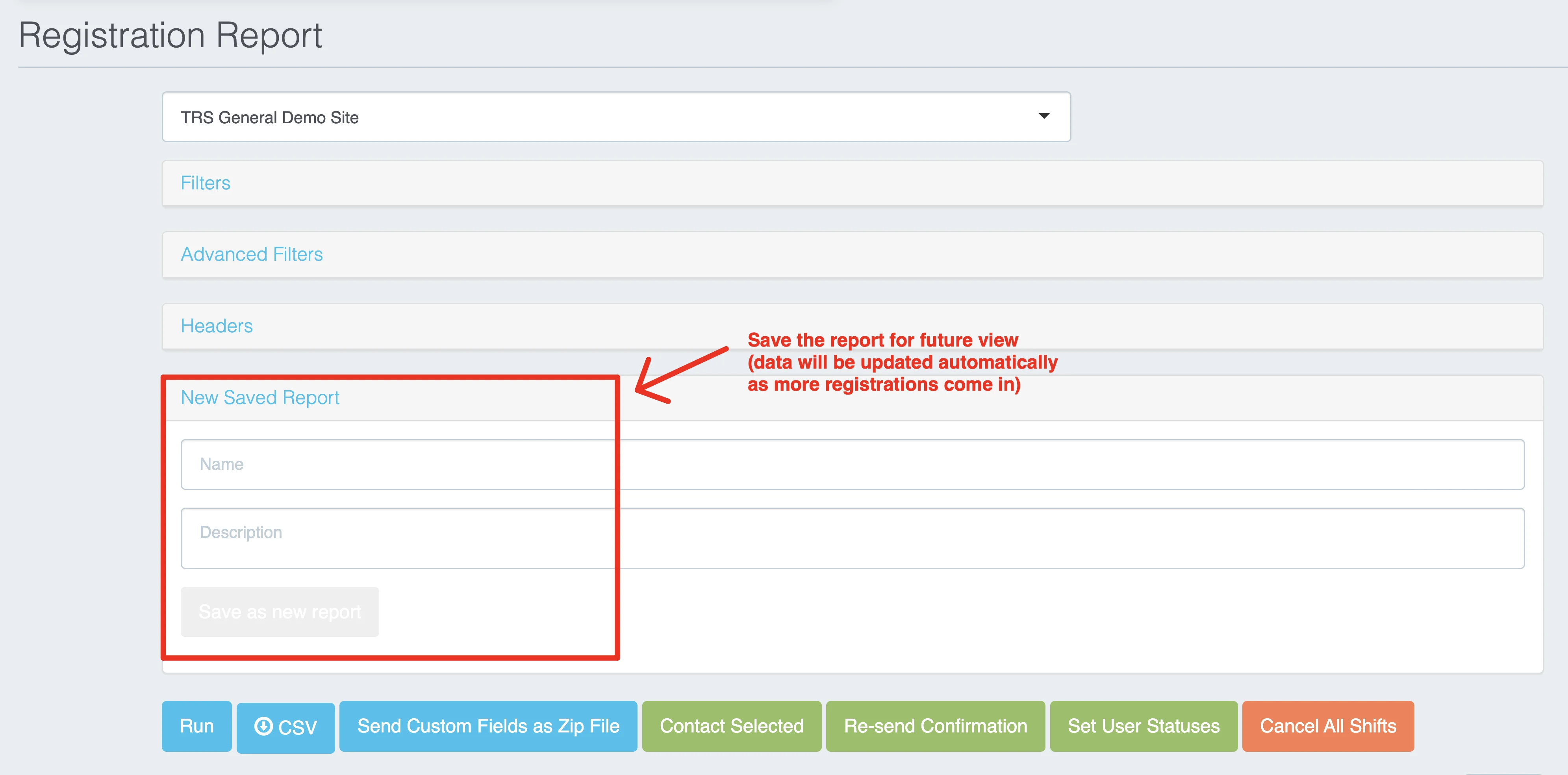 Save report section in Registration Report interface