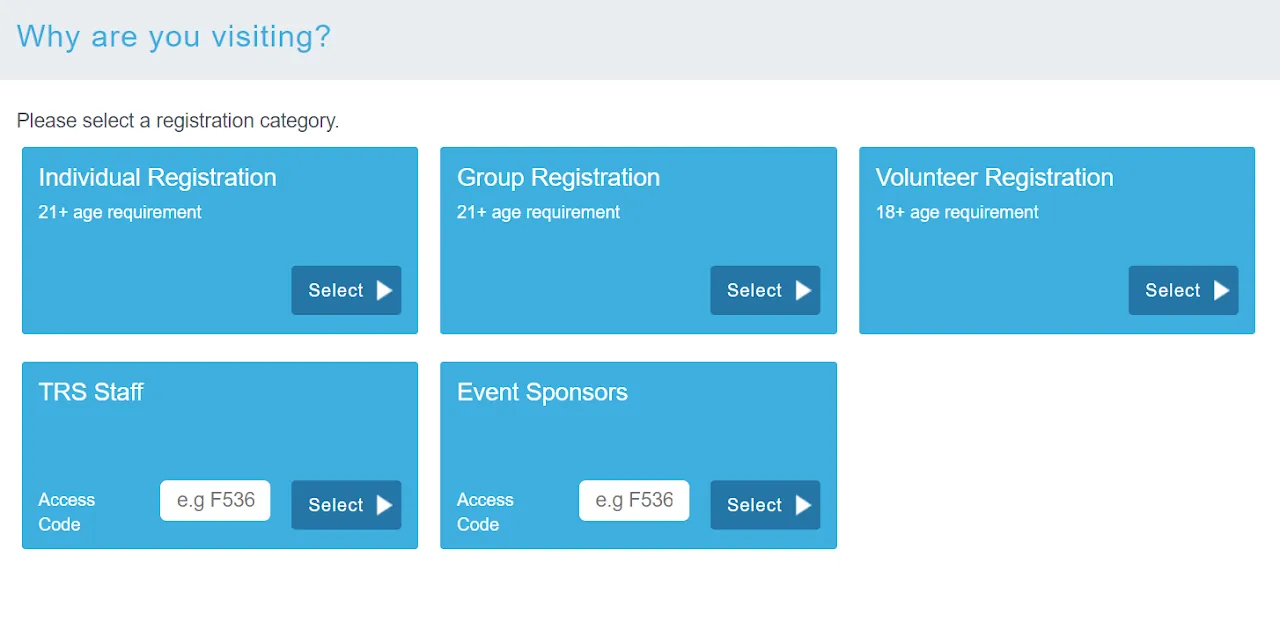 Example screenshot of the Registrant Type selection page on the myTRS front-end