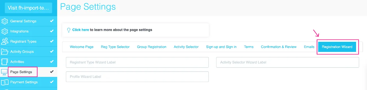 Screenshot of the myTRS Page Settings &gt; Registration Wizard tab, showing fields to customize the names of registration steps