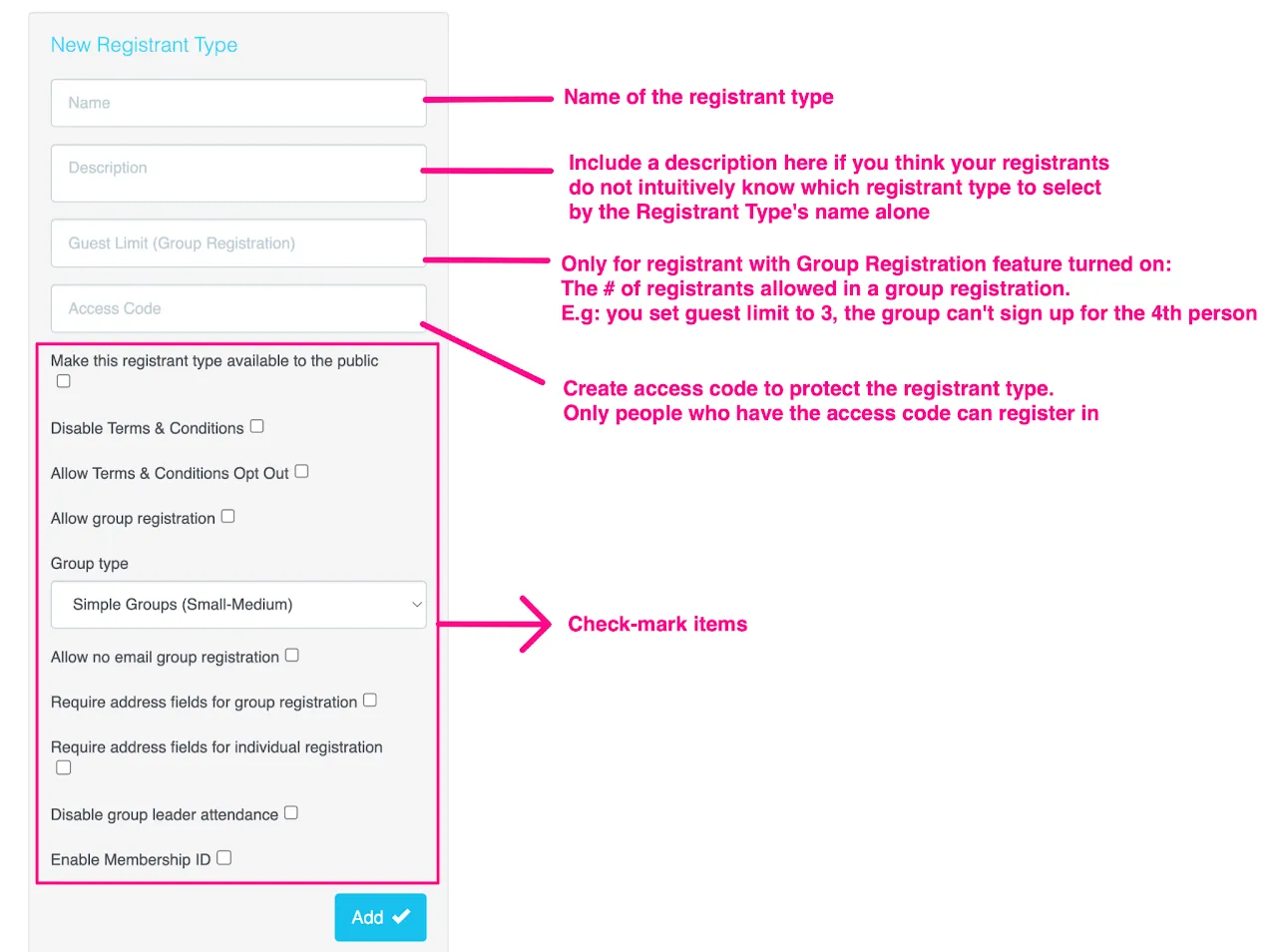 Screenshot showing the additional checkbox options for a Registrant Type in the myTRS admin dashboard (Allow group registration, Require address, etc.)