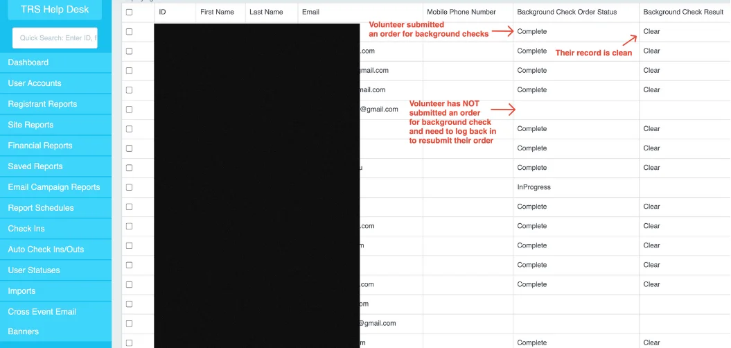 Screenshot showing background check results with status and outcome columns