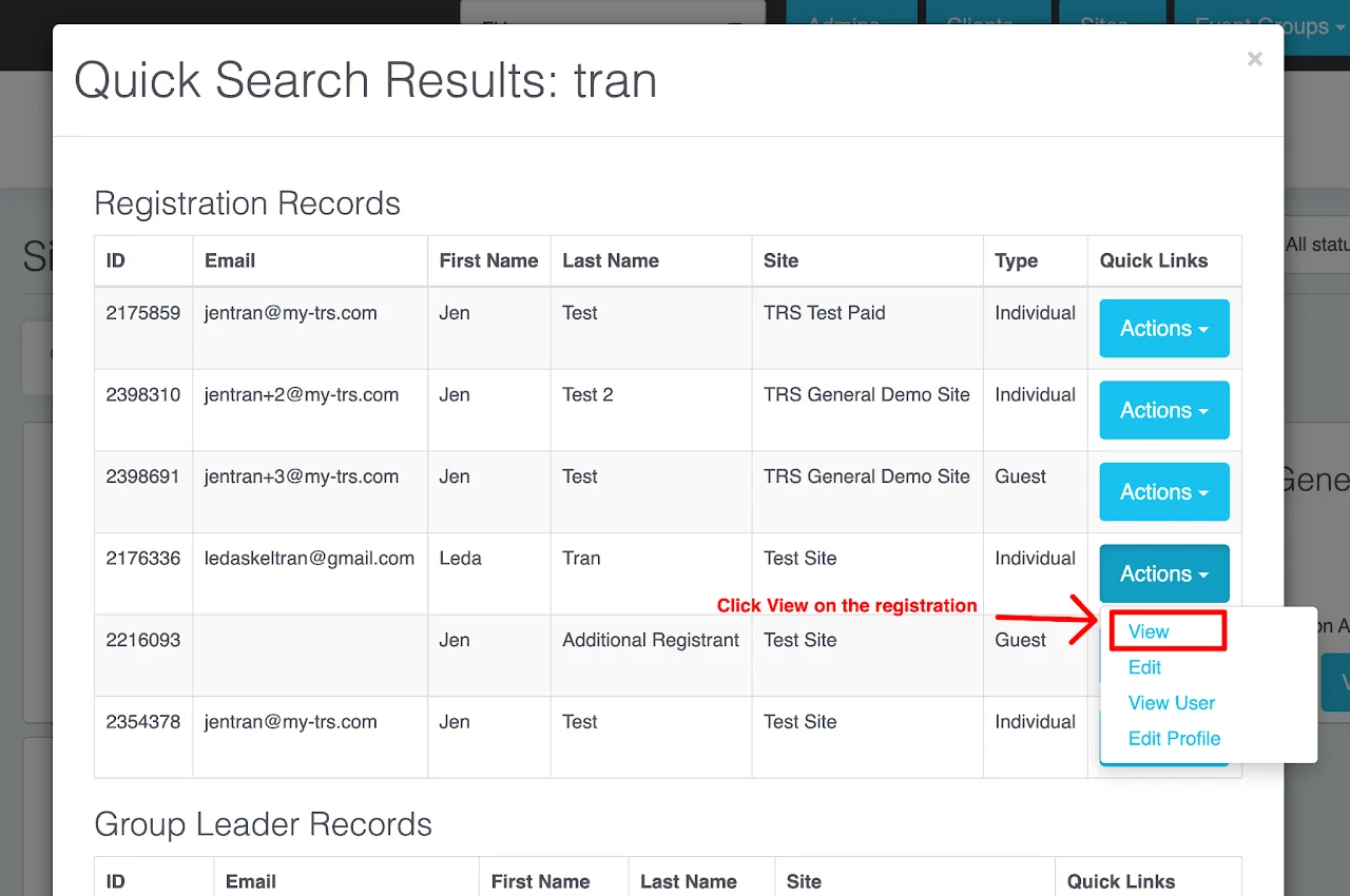 Quick search results displaying registrant information