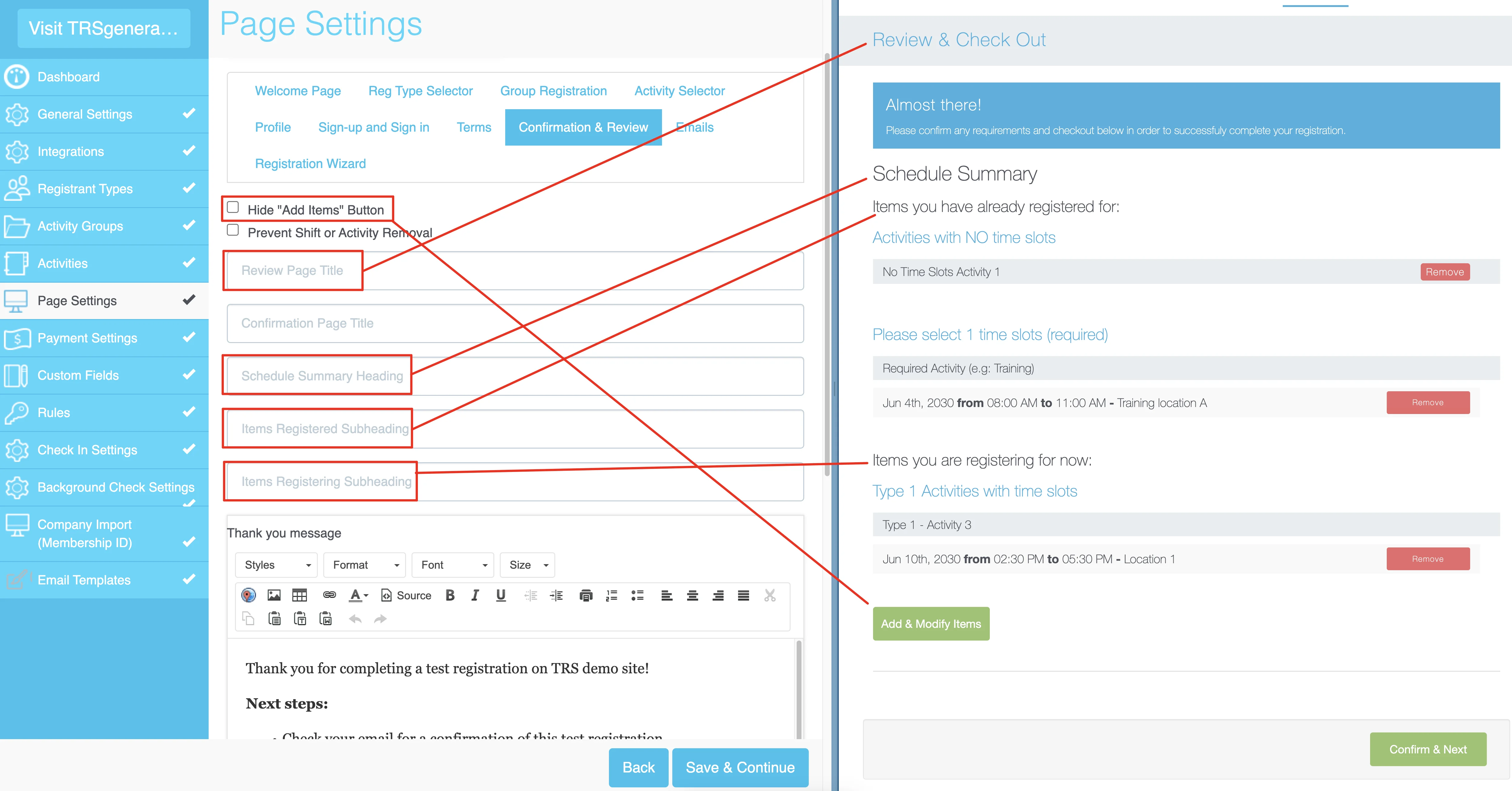 Screenshot showing how to customize the Review &amp; Check Out page button settings