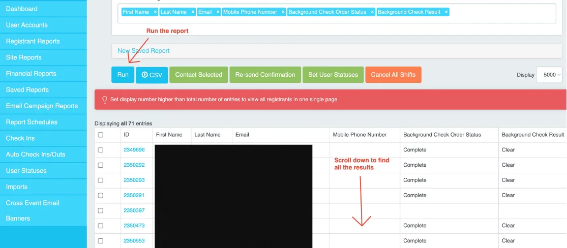 Screenshot showing the run report button for background check status report