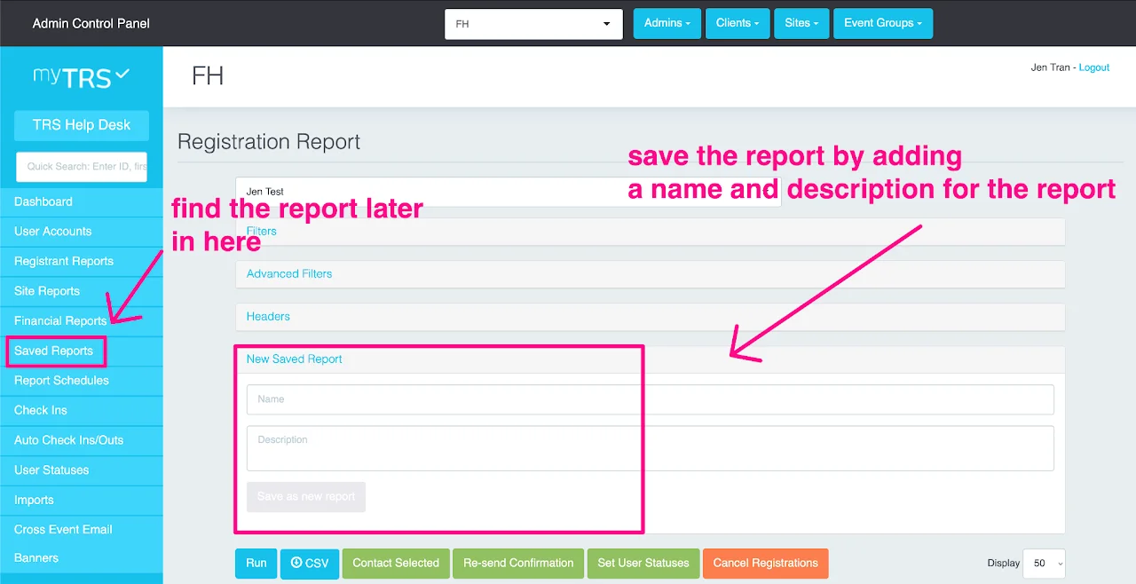 Save reports interface and options