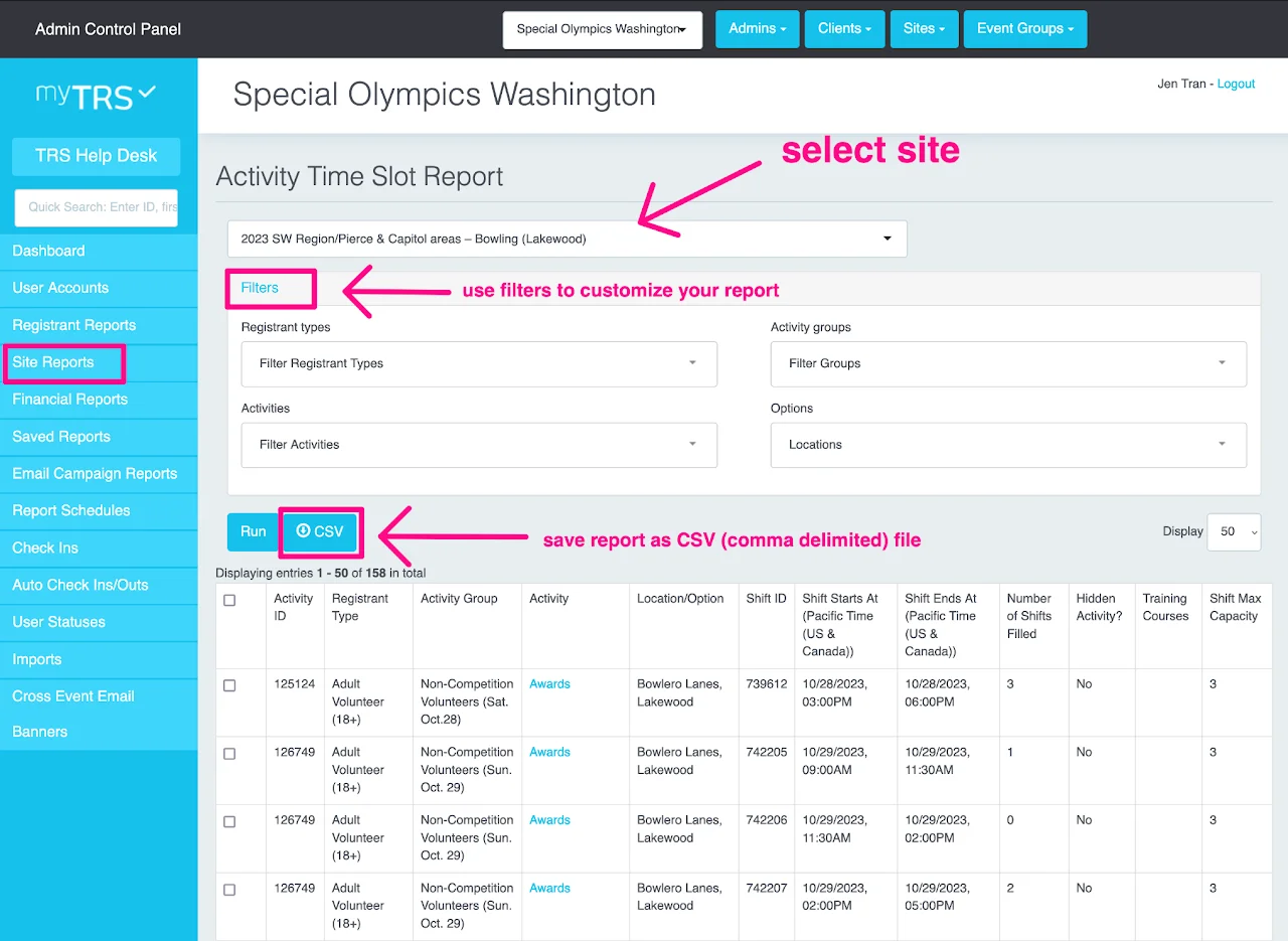 Site selection interface for Site Reports