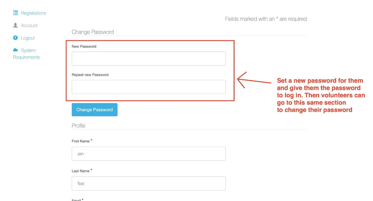 Screenshot showing the &#39;Set New Password&#39; section in the volunteer&#39;s account settings