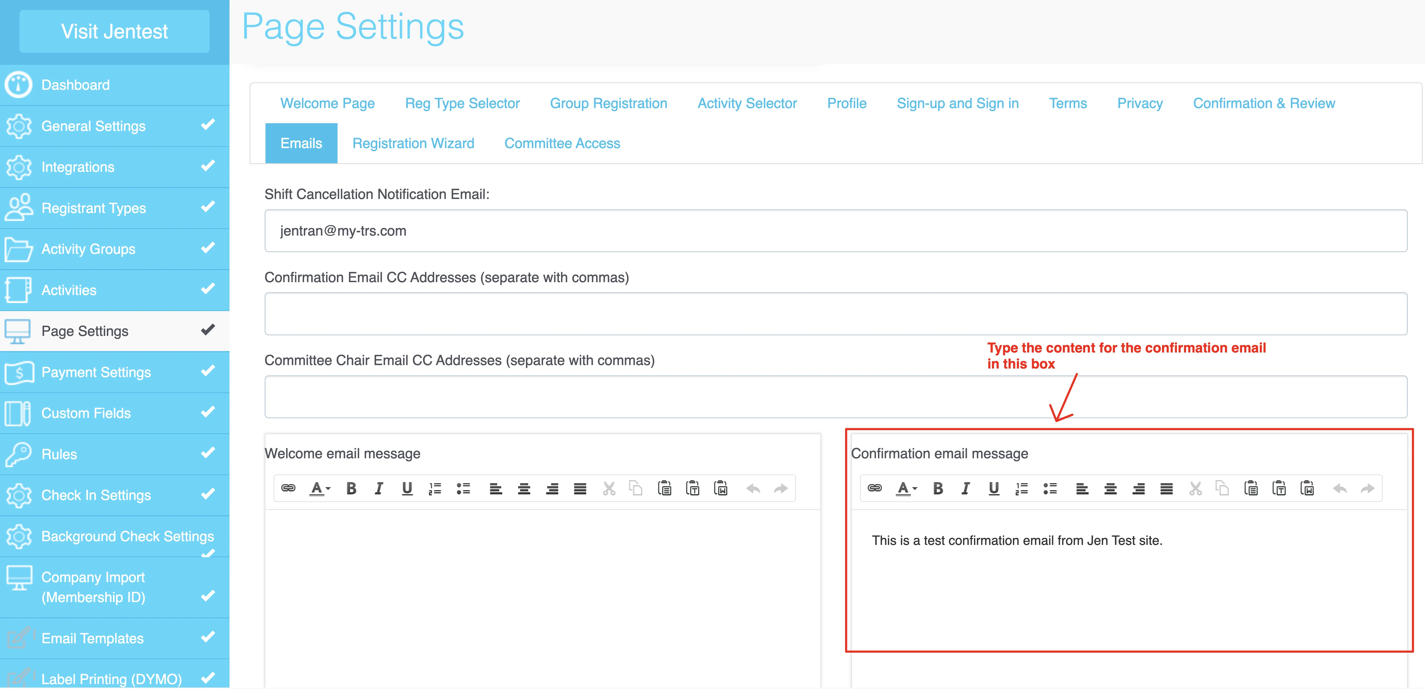 Screenshot showing how to set up confirmation email content in the Page Settings Emails tab