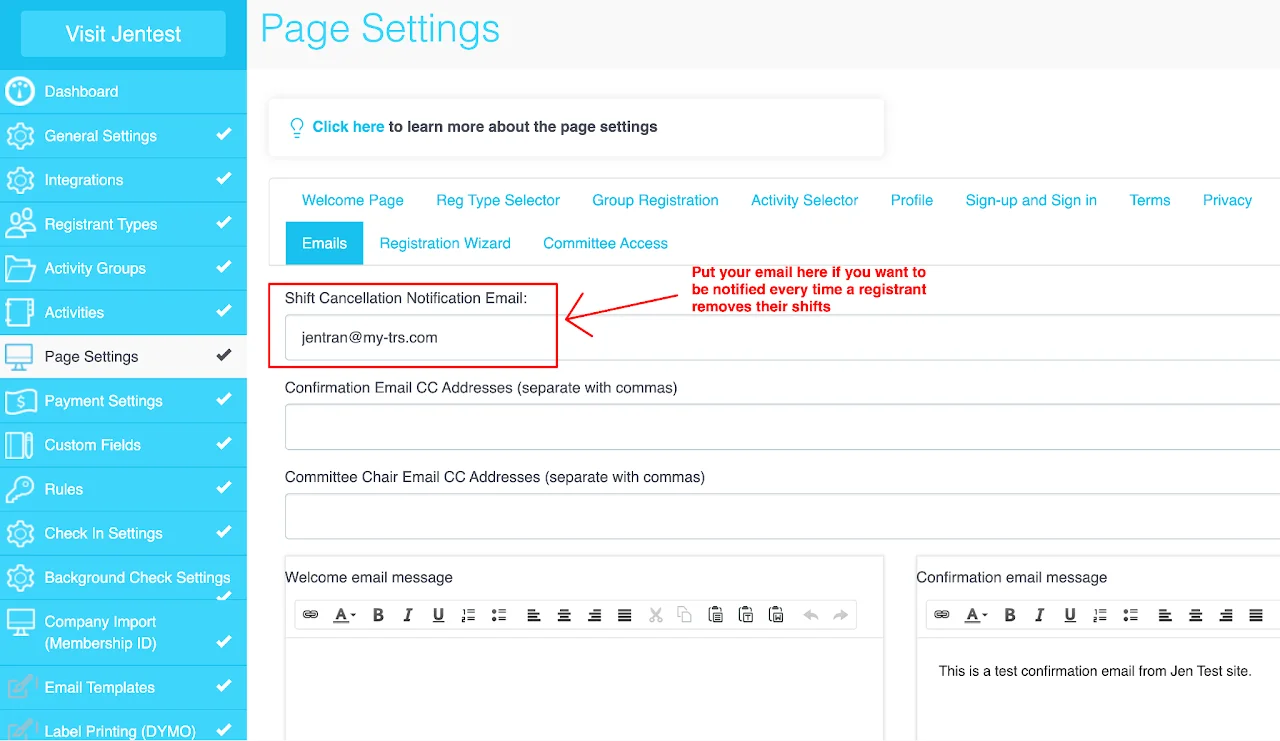 Screenshot showing the Shift Cancellation Notification email setup in Page Settings