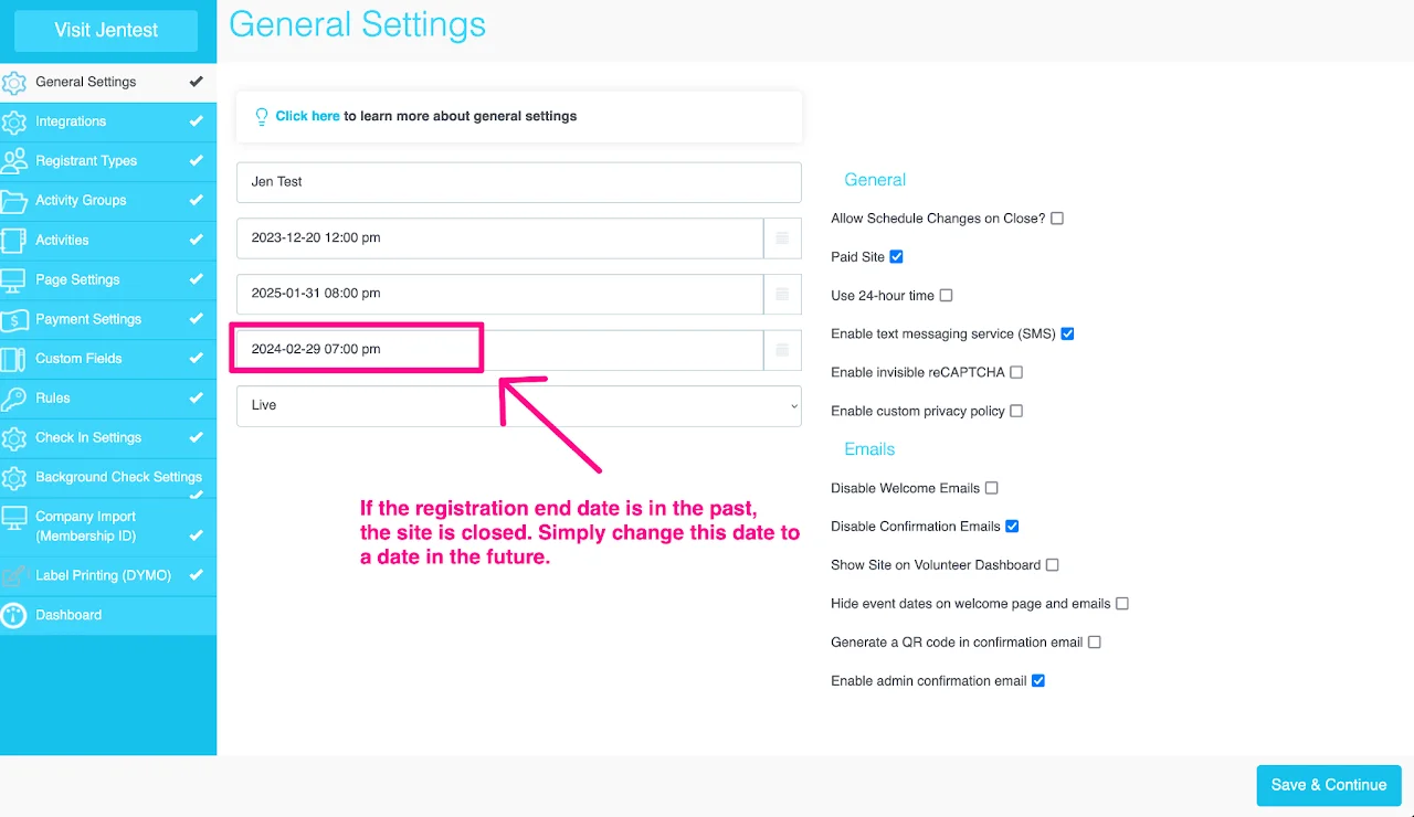 Screenshot showing step 3 to change site status from closed to open