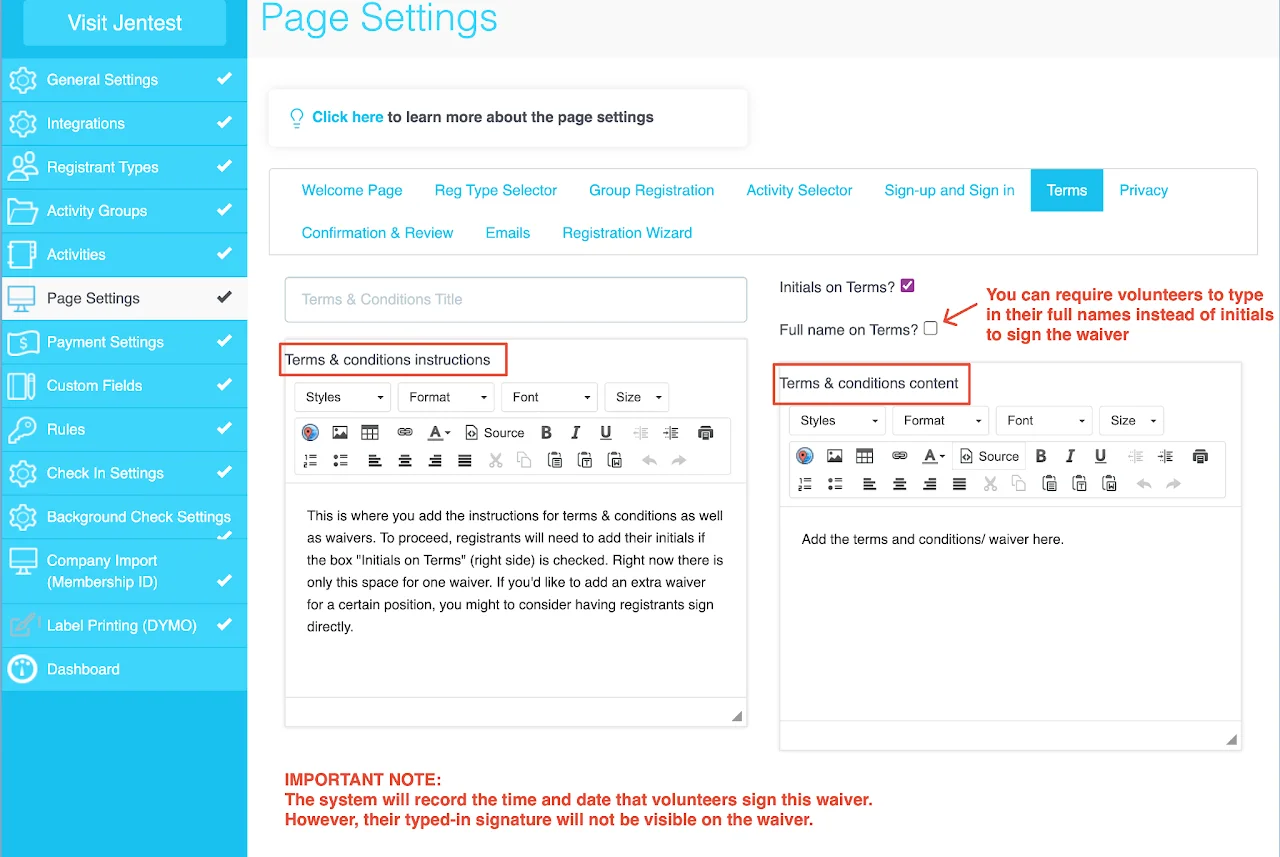 Screenshot showing the Terms &amp; Conditions setup page in the Page Settings section