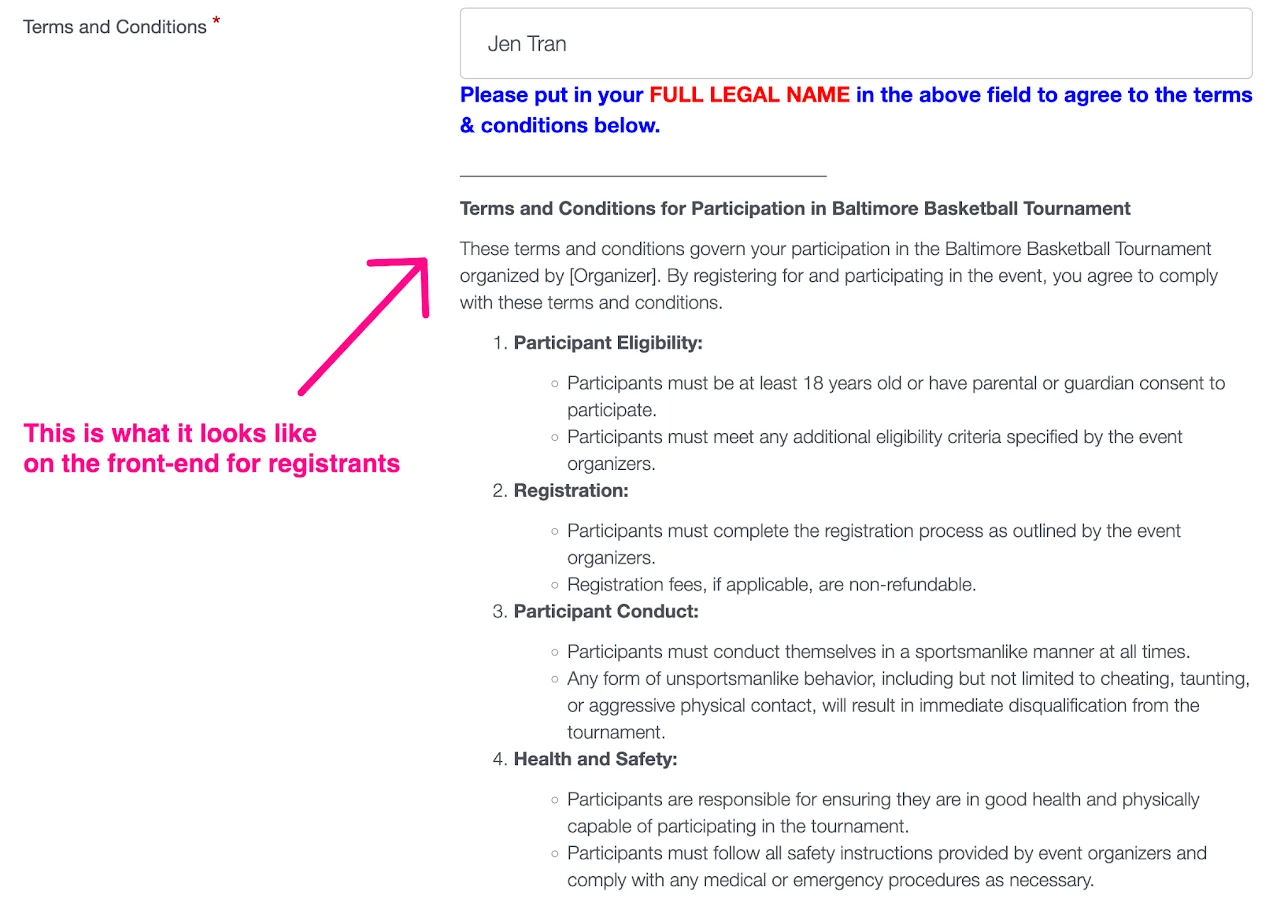 Screenshot showing how Terms &amp; Conditions appear to registrants on the frontend
