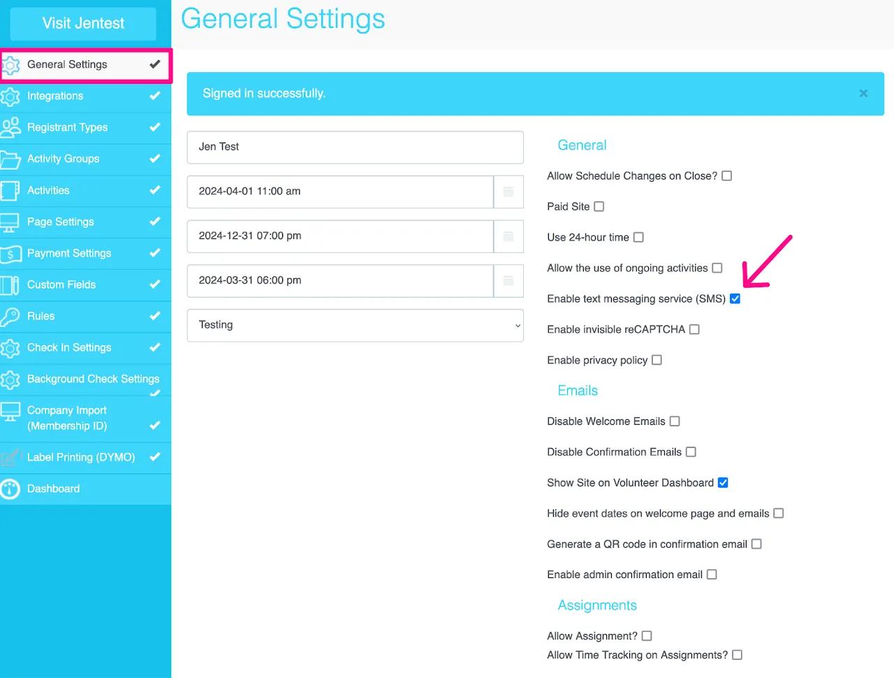 Screenshot highlighting the Text (SMS) options within myTRS General Settings