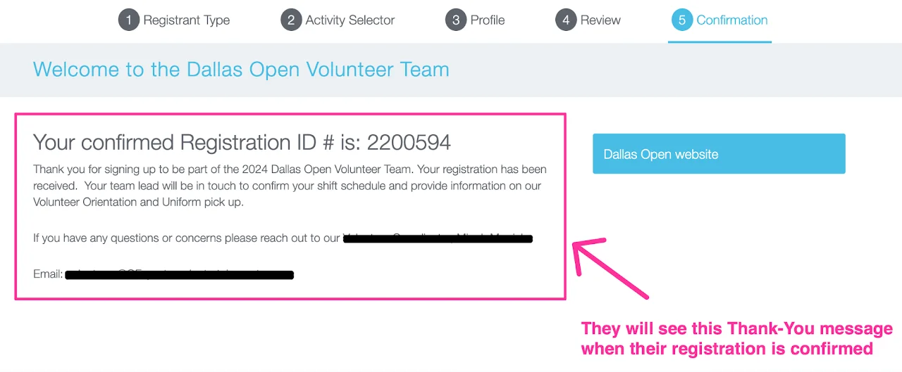 Screenshot showing thank you message after schedule confirmation