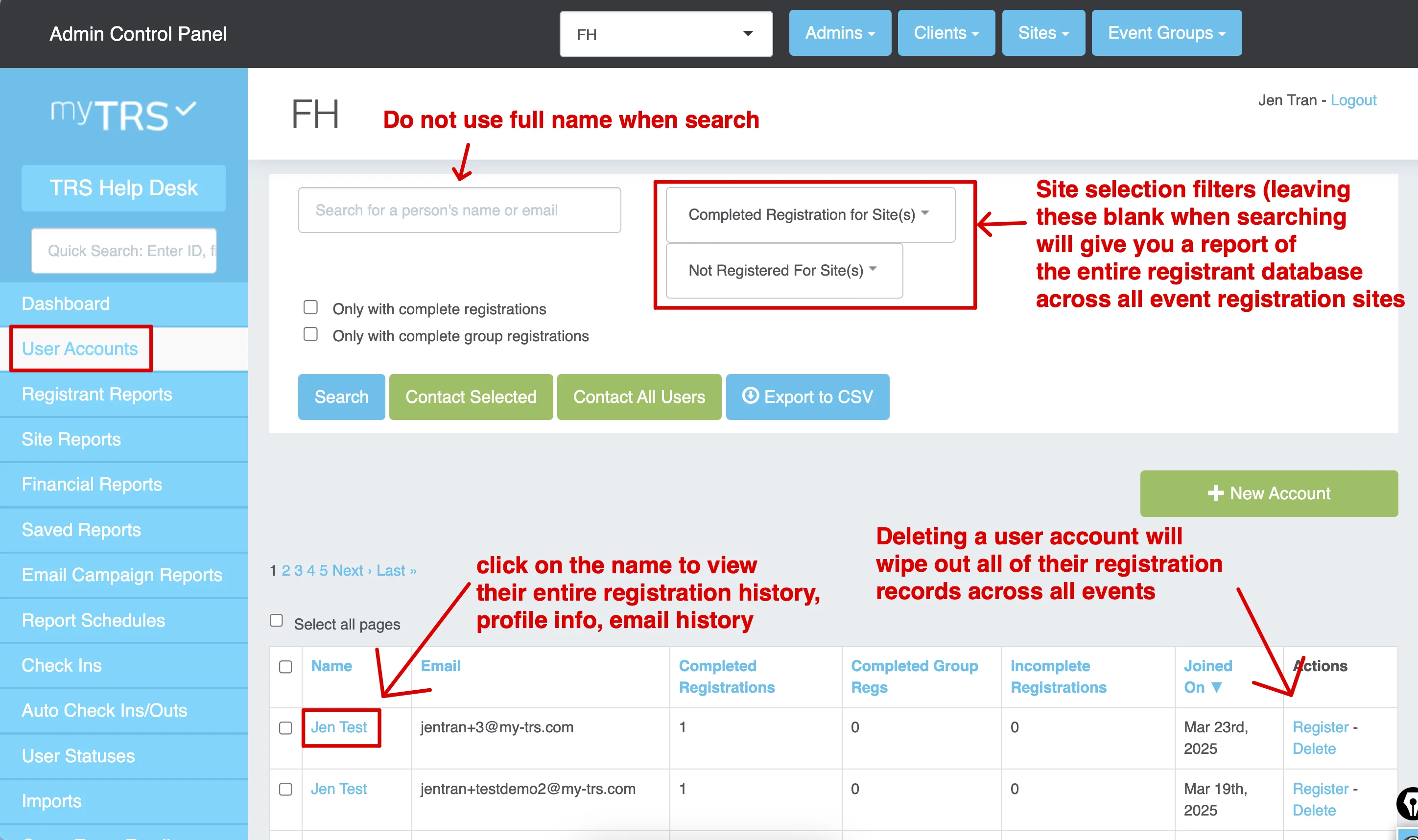 User Account Report interface with various action buttons