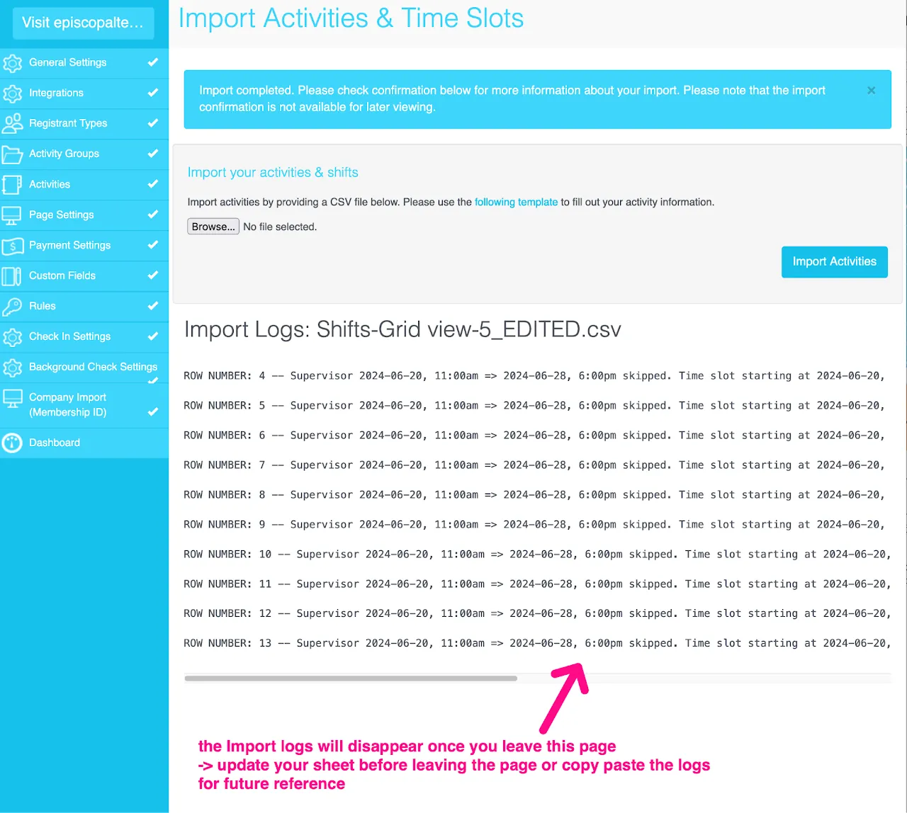 Screenshot of the Check-in Settings section in the myTRS event editor