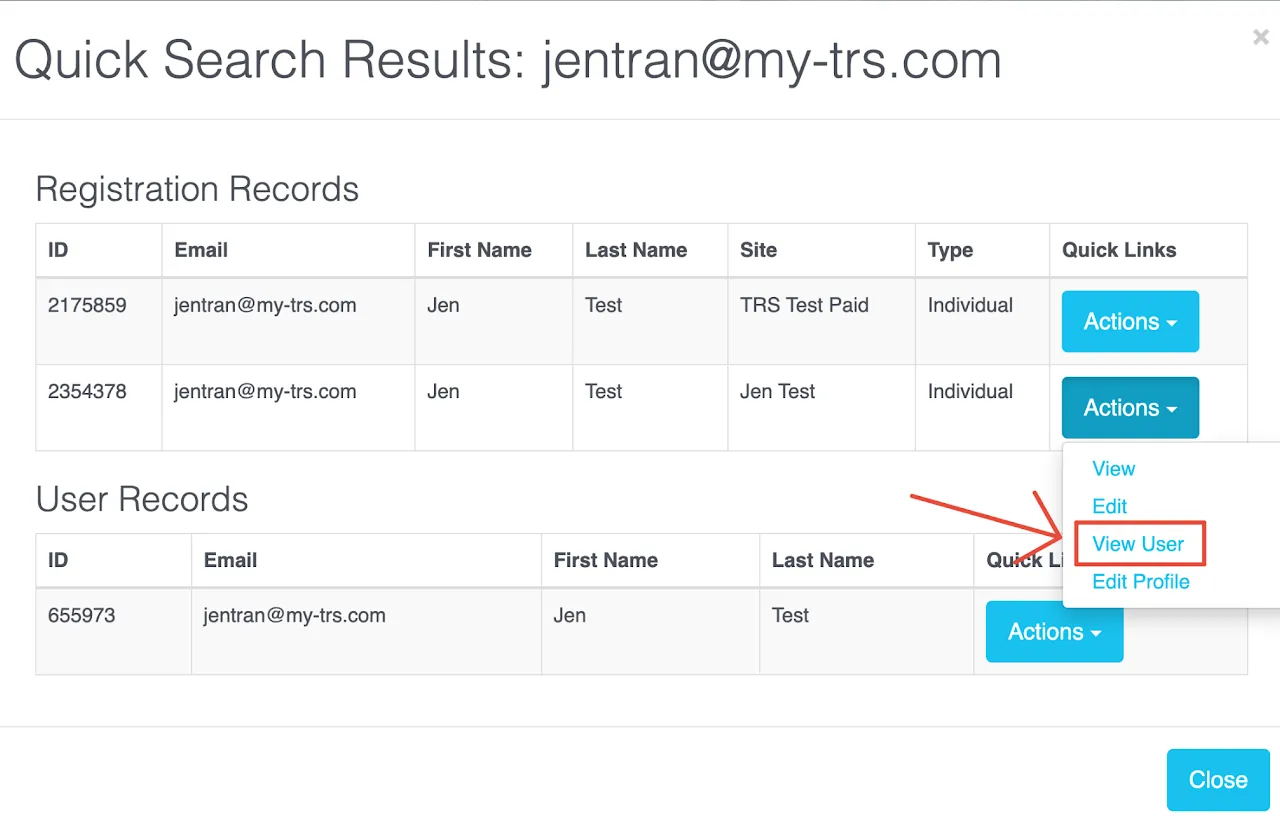 Screenshot showing the &#39;View Account&#39; button for a volunteer in search results