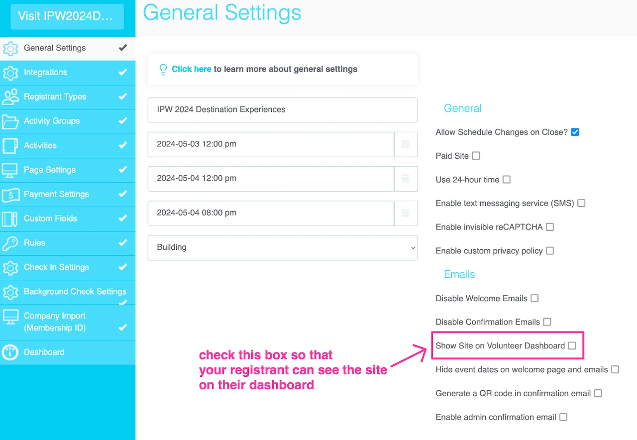 Screenshot showing Show site on Volunteer Dashboard checkbox in General Settings