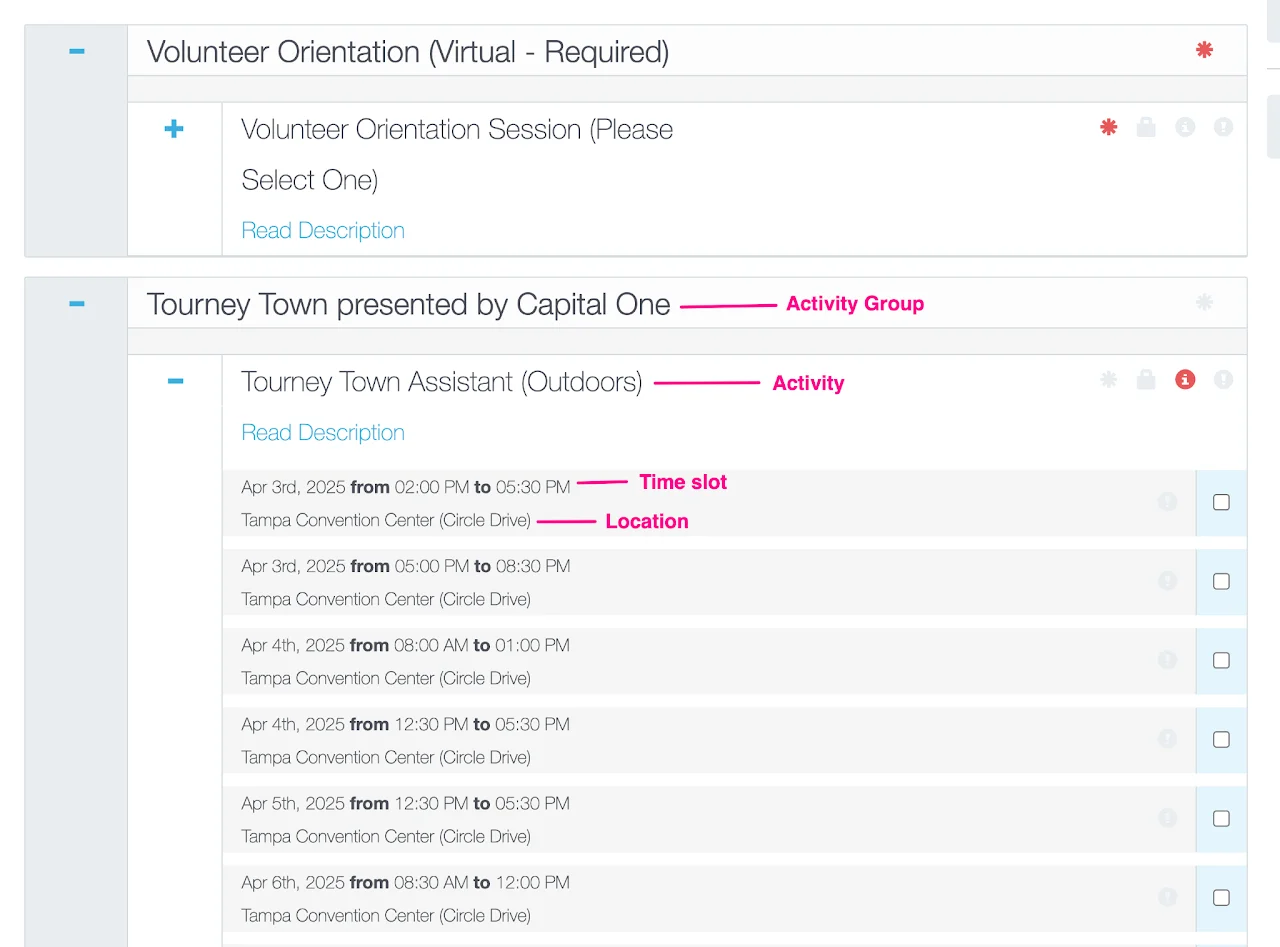 Screenshot showing an example of how activities and schedules appear to volunteers/registrants on the frontend