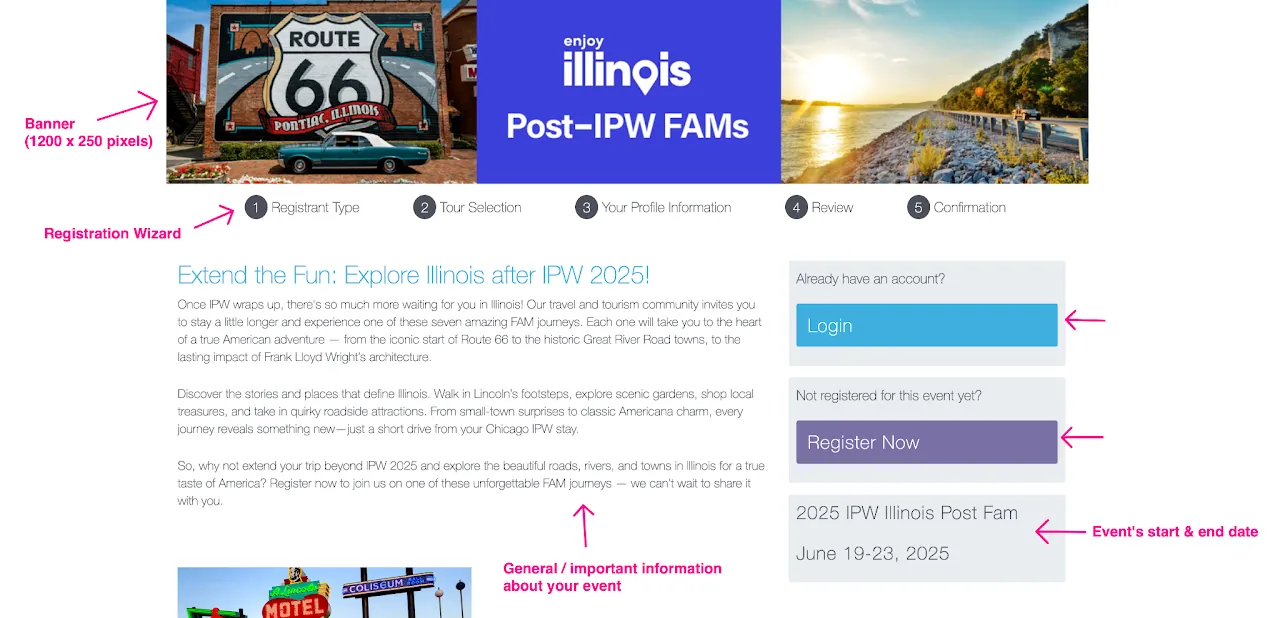 Example screenshot of the myTRS registration site Welcome Page, showing banner, dates, content, buttons, and registration wizard steps