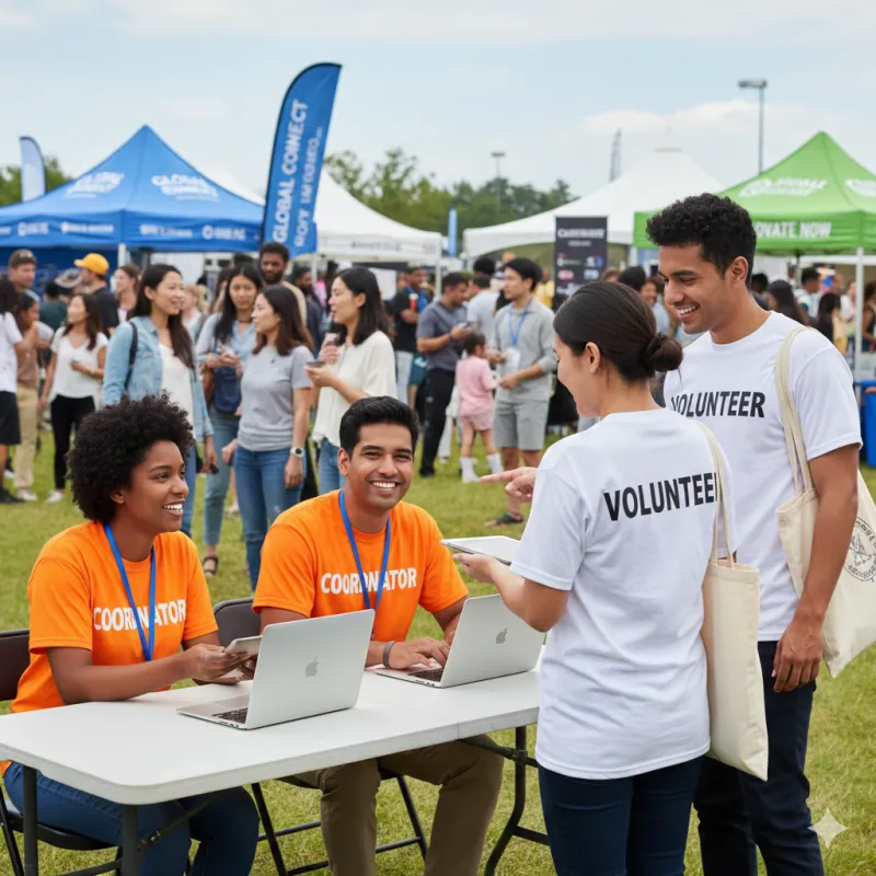 Volunteer coordinators checking in volunteers at an outdoor event